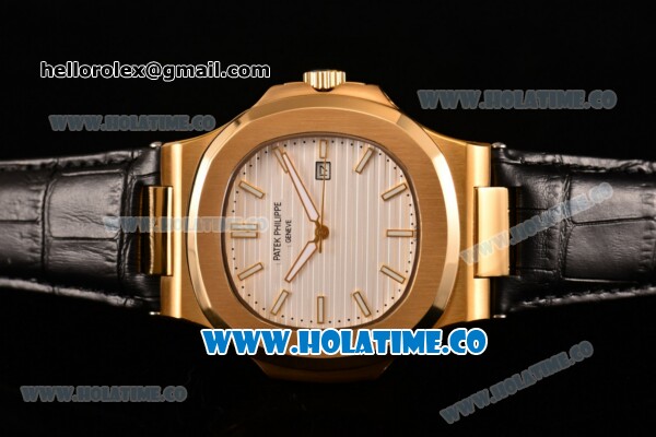 Patek Philippe Nautilus Asia Automatic Yellow Gold Case with White Dial Black Leather Strap and Stick Markers - Click Image to Close